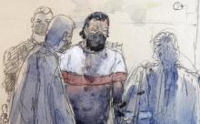 Croquis d'audience réalisé le 9 septembre 2021 montrant Salah Abdeslam devant la cour d'assises spéciale pour le procès des attentats du 13-Novembre
