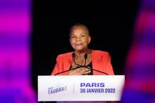 Christine Taubira s'exprime après sa victoire à la Primaire populaire, une consultation citoyenne destinée à avoir une candidature unique à gauche pour la présidentielle de 2022, à Paris le 30 janvier