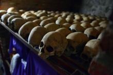 Des crânes de victimes du génocide rwandais exposés le 4 avril 2014 au mémorial du génocide à Nyamata, au Rwanda, dans une église catholique où de milliers de personnes furent assassinées