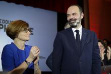 Edouard Philippe, alors Premier ministre (d) et Agnès Firmin Le Bodo, alors députée Horizons, à la mairie du Havre, le 31 janvier 2020