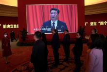 Un portrait de Xi Jinping, lors d'une exposition dédiée aux 10 ans de mandat du président chinois,