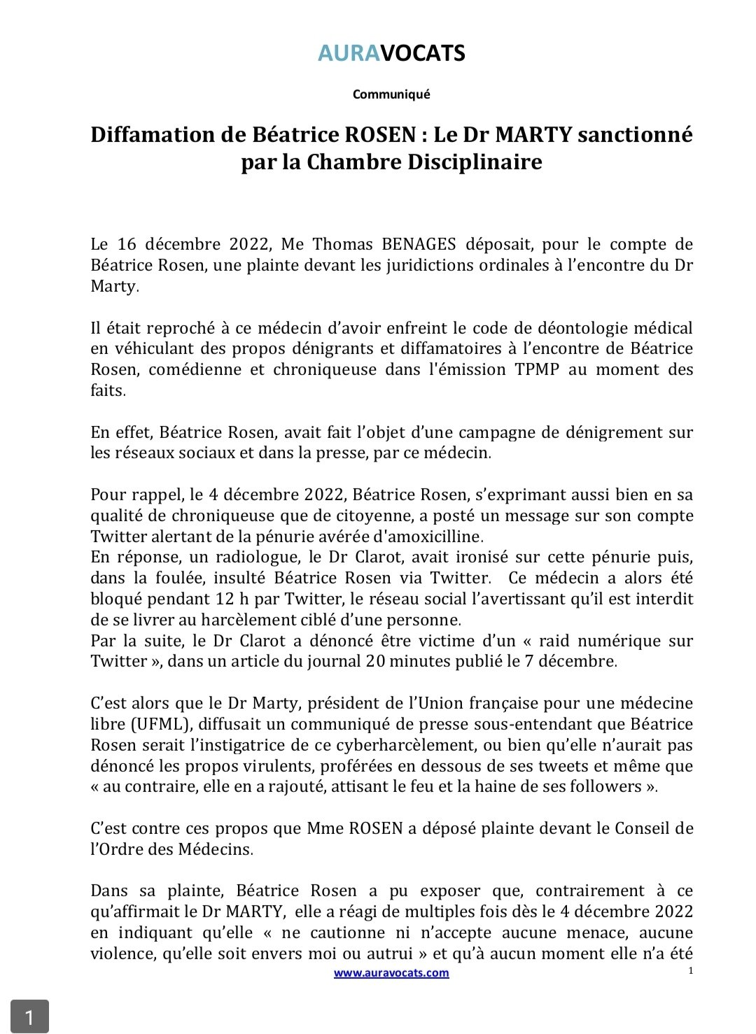 DécDr Jérôme Marty sévèrement sanctionné par la Chambre Disciplinaire suite à diffamation envers Béatrice Rosen-1