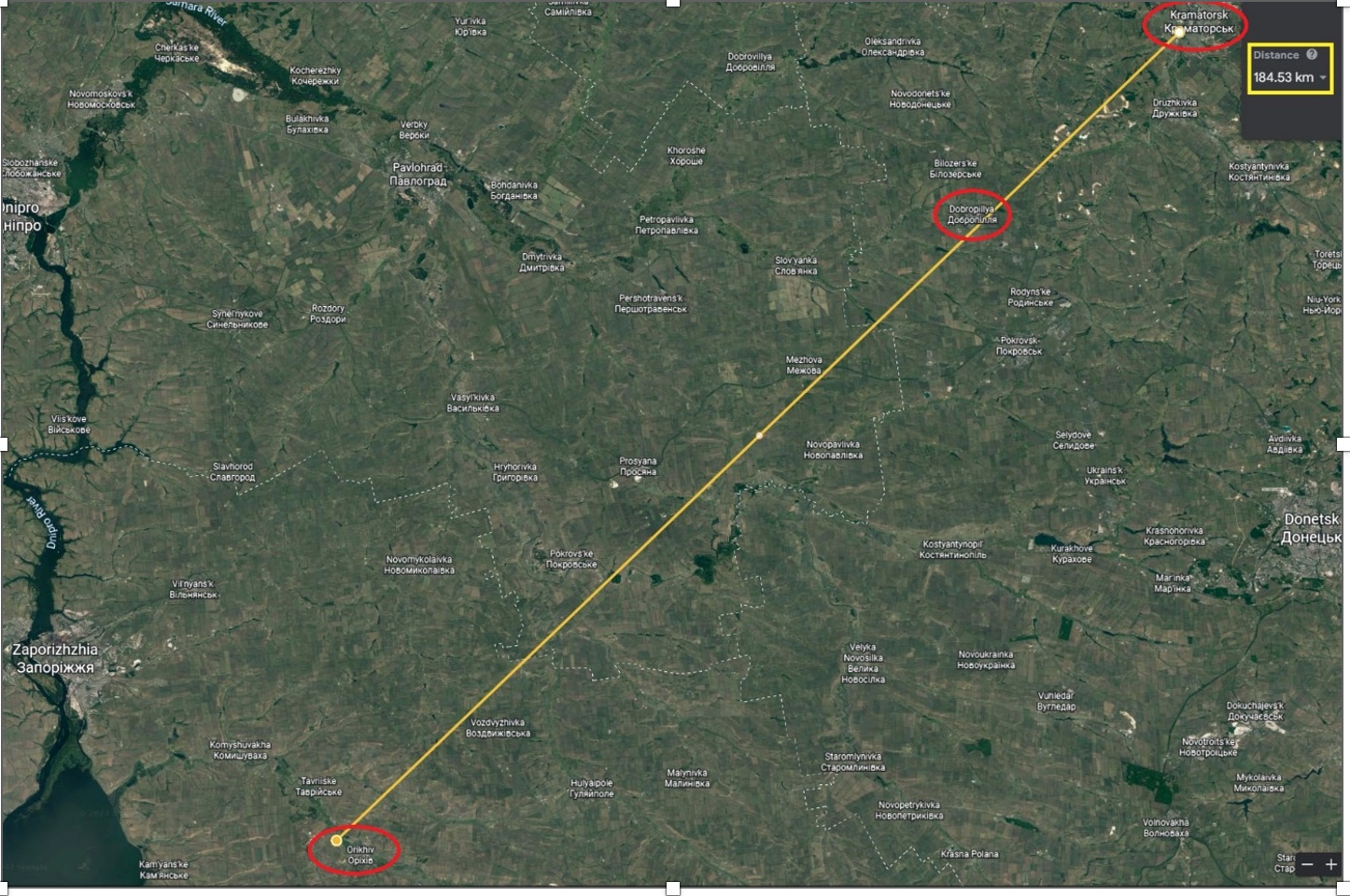 Carte qui montre la distance, soit plus de 180 km jusqu'à la première zone occupée par la coalition russe, près d'Orikhiv
