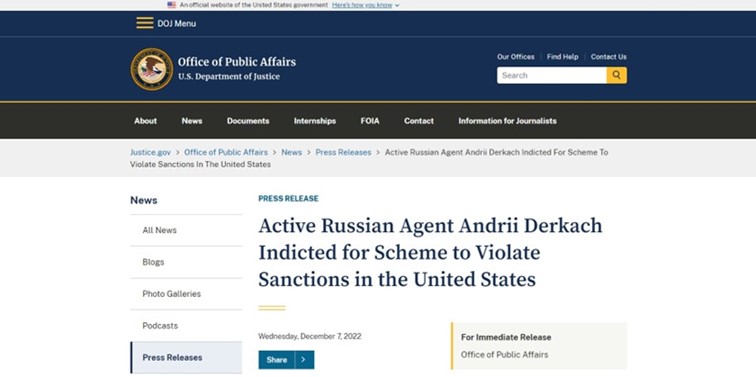 Un communiqué de presse sur le site Internet du parquet de New York concernant l'inculpation d'Andriy Derkach