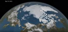La NASA a diffusé des images de la fonte des glaces de l'Arctique. Ici le 10 septembre, la banquise est à son plus bas niveau.