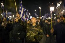 Des membres du parti néonazi Aube Dorée lors d'un rassemblement, le 28 janvier 2017 à Athènes, en Gr