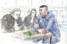 Croquis d'audience montrant Damien Saboundjian lors de son procès le 6 mars 2017 à Paris
