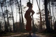 Une femme enceinte pose dans la forêt d'Ygos-Saint-Saturnin, dans le Sud-Ouest de la France, le 19 m