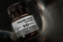 Flacon vide d'une dose de vaccin contre la fièvre jaune à Rio au Brésil dans un centre de santé, le 