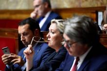 La présidente du Front national (FN), Marine Le Pen (c), sur les bancs de l'Assemblée nationale, à P