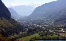 A picture taken on April 20, 2017 from Magland, shows a view of the Vallee de l'Arve (Arve Valley) c