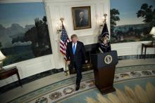 Le président Donald Trump à la Maison Blanche après son discours sur l'accord nucléaire iranien, ven