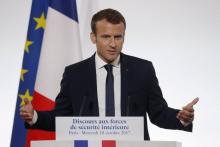 Emmanuel Macron s'adressant à l'Élysée aux représentants des forces de police, de gendarmerie et de 