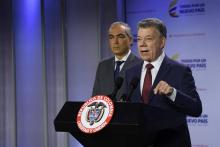 Une photographie fournie par la présidence colombienne montre le président colombien Juan Manuel Santos prononçant un discours à Bogota le 10 janvier 2017