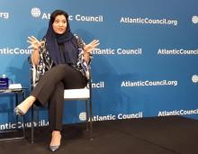 La princesse saoudienne Rima bent Bandar ben Sultan lors d'une conférence organisée par l'Atlantic Council à Washington le 28 février 2018