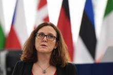 Cecilia Malmström, commissaire européenne au Commerce lors d'une séance plénière au Parlement européen à Strasbourg (est), le 14 mars 2018