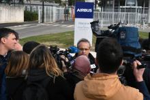 Le secrétaire FO d'Airbus, Jean-Marc Escourrou, lors d'un point presse à l'issue du Conseil d'entreprise européen d'Airbus, le 7 mars 2018 à Blagnac