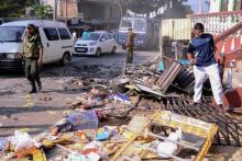 Une boutique détruite à Kandy après des violences entre des foules bouddhistes qui ont mené ces émeutes anti-musulmanes, le 6 mars 2018 au Sri Lanka