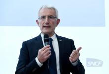 Le président de la SNCF, Guillaume Pepy, lors d'une conférence de presse, le 27 février 2018 à Saint-Denis, près de Paris