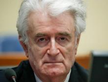 L'ex-chef politique des Serbes de Bosnie Radovan Karadzic (c) comparaît devant la justice internationale à La Haye, le 24 avril 2018