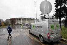 Un camion de transmission de la chaîne Russia Today, à Moscou, le 11 novembre 2017