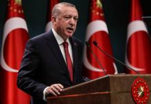 Le président turc Recep Tayyip Erdogan lors d'une conférence de presse le 18 avril 2018 à Ankara