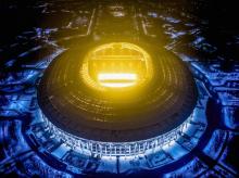 Une vue aérienne prise par drone le 24 janvier 2018 du stade Luzhniki Stadium de Moscou qui accueillera sept matches de la Coupe du monde de football, dont la finale.