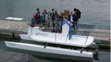Le catamaran Ulysse du projet Plastic Odyssey inauguré à Concarneau le 17 juin 2018, dans le Finistère