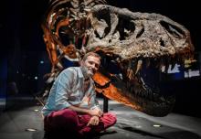 Le paléontologue français Ronan Allain pose devant le squelette d'un Tyrannosaurus Rex, le 1er juin 2018 au Muséum d'histoire naturelle de Paris, avant l'exposition "un T.Rex à Paris" du 6 juin au 2 s