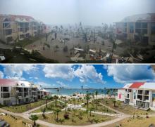 Photos de l'hôtel Mercure de l'île de St-Martin dans la baie Nettlé à Marigot, dans les Caraïbes, après le passage de l'ouragan Irma le 6 septembre 2017 et après sa reconstruction partielle le 28 févr