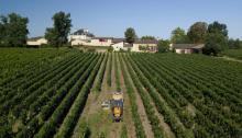 Un viticulteur à Léognan traite ses vignes contre le mildiou le 11 août 2018