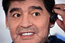 La légende argentine du football Diego Maradona en conférence de presse, le 16 juillet 2018 à Brest