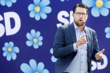 Le patron de l'extrême droite suédoise Jimmie Åkesson, chef des Démocrates de Suède (SD), durant la campagne électorale à Sundsvall (Suède) le 17 août 2018