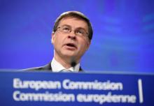 Le vice-président de la Commission européenne Valdis Dombrovskis lors d'une conférence de presse à Bruxelles le 21 novembre 2018