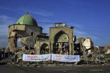 Les ruines de la mosquée Al-Nouri et de son minaret penché le 16 décembre 2018 à Mossoul en Irak. La première pierre pour sa reconstruction a été posée ce même jour