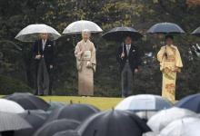 De G à D: l'Empereur du Japon Akihito, l'impératrice Michiko le prince héritier Naruhito et son épouse la princesse Masako le 9 novembre 2018 à Tokyo