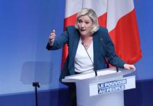 Marine Le Pen lors d'un meeting pour le lancement de la compagne du Rassemblement national aux élections européennes de mai 2019, le 13 janvier 2019 à Paris