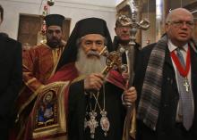 Le Patriarche grec-orthodoxe Théophile III de Jérusalem arrive à Bethléem pour célébrer le Noël orthodoxe, le 6 janvier 2019
