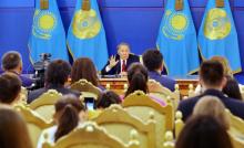 Le président du Kazakhstan, Noursoultan Nazarbaïev, lors d'une conférence de presse le 14 septembre 2017 à Astana