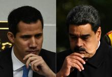 Combo photos datant du 7 février 2019 montrant l'opposant Juan Guaido, reconnu comme président du Venezuela par une quarantaine de pays, et le président Nicolas Maduro