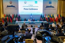 Conférence de presse de fin de réunion des membres de l'Organisation des pays exportateurs de pétrole (Opep) et d'autres pays pétroliers, le 18 mars 2019 à Bakou