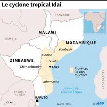 Carte du Mozambique, du Zimbabwe et du Malawi, localisant les provinces les plus touchées par le cyclone tropical Idai