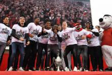 Les joueurs de Rennes fêtés dans leur ville le 28 avril 2019 après leur victoire en finale de la Coupe de France la veille