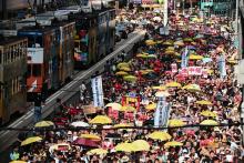 Manifestations à Hong Kong quelques jours après la condamnation à la pison ferme de quatre figures du mouvement prodémocratie, le 28 avril 2019