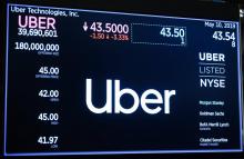 La cotation d'Uber lors de son entrée à Wall Street, le 10 mai 2019 à New York