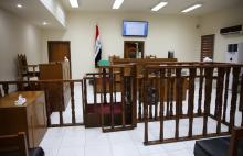 La salle de la cour pénale où sont jugés des ressortissants français pour appartenance au groupe jihadiste Etat islamique (EI), le 29 mai 2019 à Bagdad, en Irak