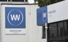 Photo du 29 mai 2019 du logo de WN (ex-Whirlpool)devant l'usine de la société à Amiens