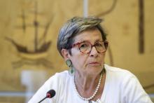 Viviane Lambert, la mère de Vincent Lambert, s'exprime lors d'une table ronde en marge d'une session du Conseil des droits de l'homme à Genève, le 1er juillet 2019