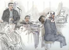 Fayçal Aït Messoud (c) jugé avec trois autres jeunes Français (deux hommes et une femme), lors de leur procès, le 24 février 2016 à Paris