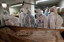 Cette photo fournie par la mairie de Bordeaux prise le 19 novembre 2019 et rendue publique le 20 novembre montre des experts d'une équipe scientifique examinant une tombe dans le sous-sol du musée d'A